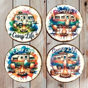 Fun Colorful Camp Life Round Wood Coaster Set of 4 w/ Vibrant Camping Scenes